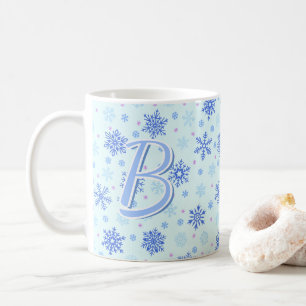 Mug Pastel Blue Baby Blue Snowflakes Monogramme person