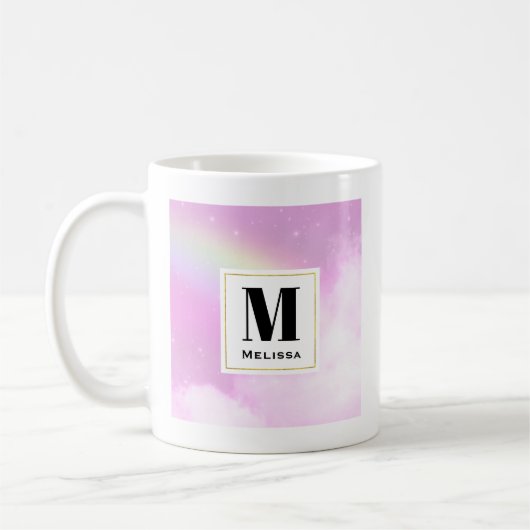 Mug Pastel Ciel rose avec Monogramme arc-en-ciel jaune (Gauche)