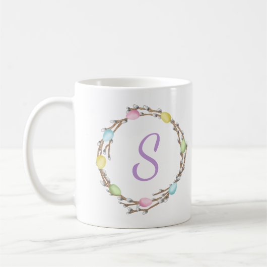 Mug Pastel Easter Willow Wreath With Purple Monogram (Gauche)