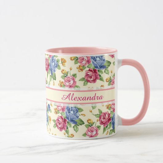 Mug Pastel Fleur romantique Rose, Rouge, Bleu Nom Rose (Droite)