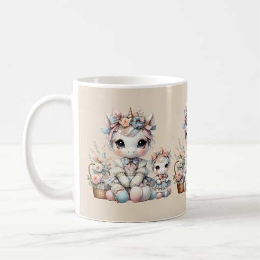 Mug Pastel Kawaii Unicorne Mère Fille Duo Beige (Gauche)