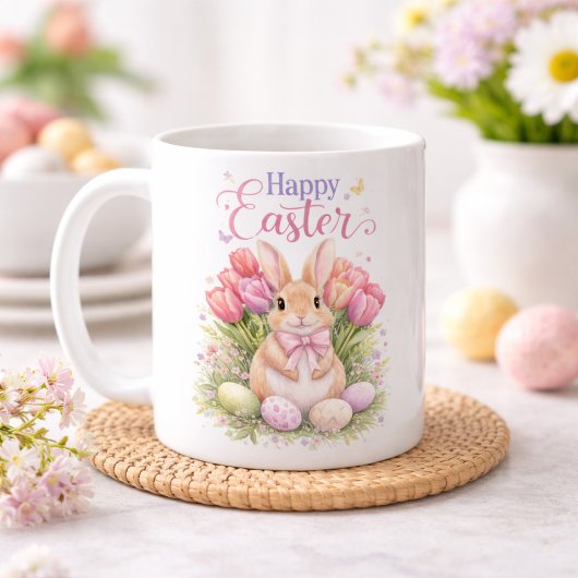Mug Pastel Pink Tulips Easter Bunny Happy Easter