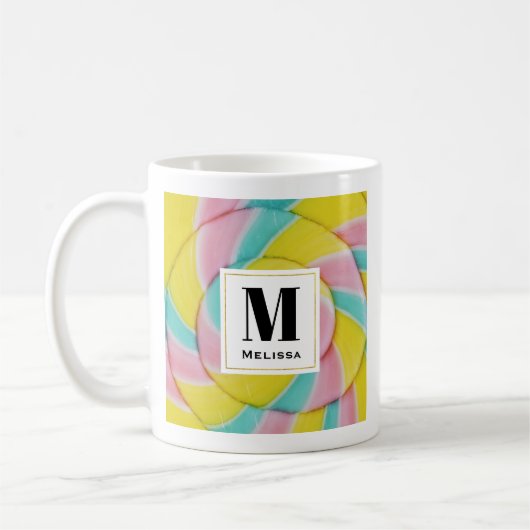 Mug Pastel Rainbow Spiral Candy Photo Monogramme (Gauche)