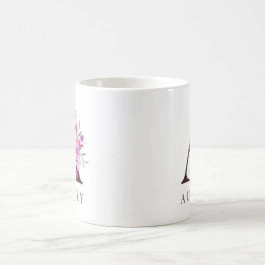 Mug Pastel rose floral noir gras script monogramme nom (Centre)