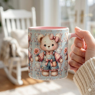Mug Pastel Teddy Bear Holding Flower Wear Overalls