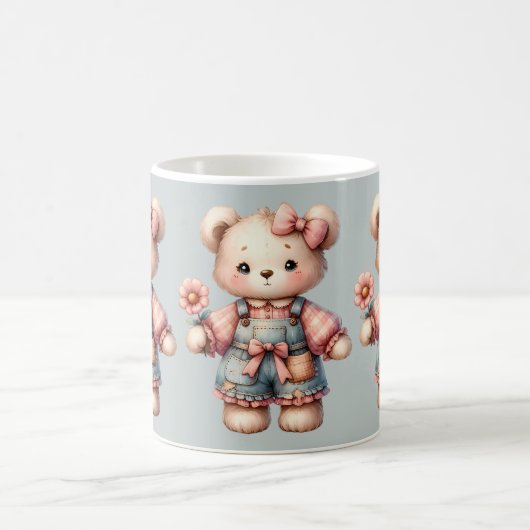 Mug Pastel Teddy Bear Holding Flower Wear Overalls (Centre)