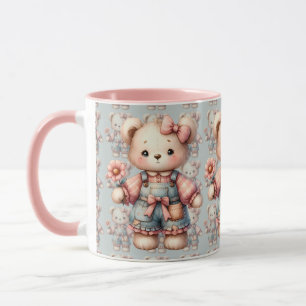 Mug Pastel Teddy Bear Holding Flower Wear Overalls