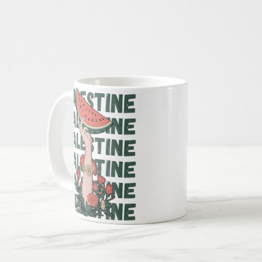Mug pastèque, fleurs et palestine Texte Répéter (Devant gauche)