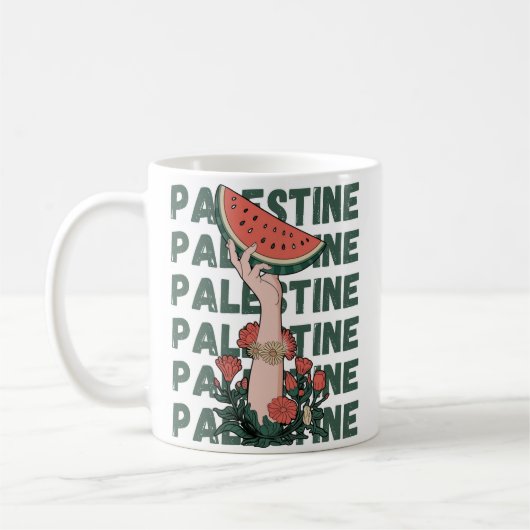 Mug pastèque, fleurs et palestine Texte Répéter (Gauche)