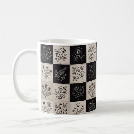 Mug Patchwork botanique floral cuir aspect couture (Gauche)