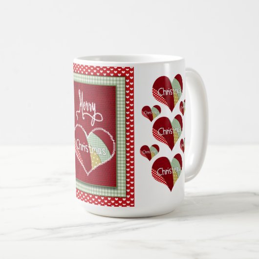 Mug Patchwork de Noël Coeur doré Rouge Burlap (Devant droit)