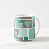 Mug Patchwork marron turquoise de carrés (Devant droit)