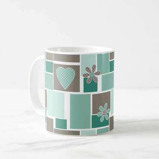 Mug Patchwork marron turquoise de carrés (Devant gauche)