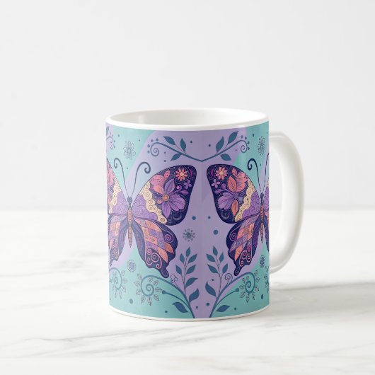 Mug Patchwork Papillon pourpre et Aqual (Devant droit)