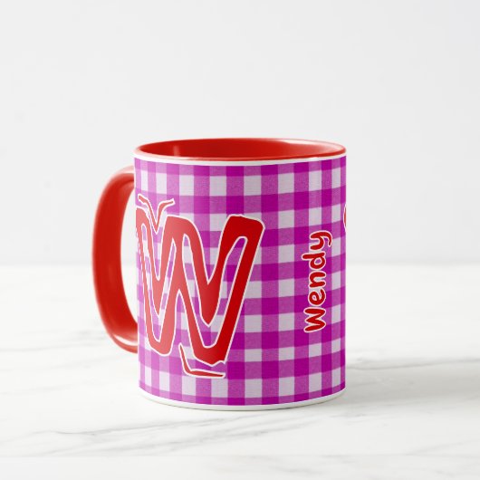 Mug Pâte rose et rouge (Nom du monogramme de fille) Vi (Devant gauche)