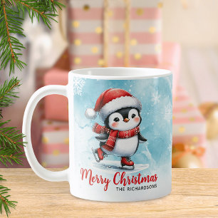 Mug Patinage sur glace pingouin Joyeux Noël bleu et ro