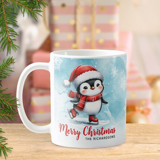 Mug Patinage sur glace pingouin Joyeux Noël bleu et ro