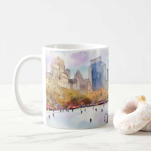 Mug Patinoire Central Park New York aquarelle (Avec donut)