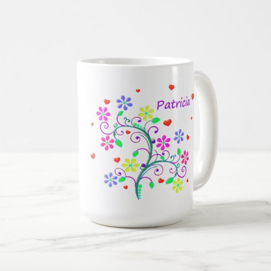 Mug Patricia, fleurs, coeurs, remous - nous *Heart* (Devant droit)