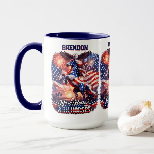 Mug Patriotic Horse American Flag Sunset Equestrian  (Avec donut)