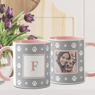 Mug Patte de Chien Gris Blanc Rose Monogramme Photo