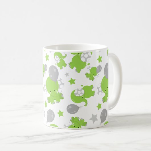 Mug Pattern of Green Elephants, Cute Elephants, stars (Devant droit)