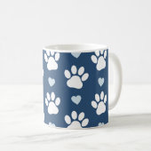 Mug Pattern of paws, Dog paws, White paws, Blue Hearts (Devant droit)