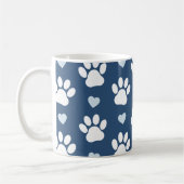 Mug Pattern of paws, Dog paws, White paws, Blue Hearts (Gauche)