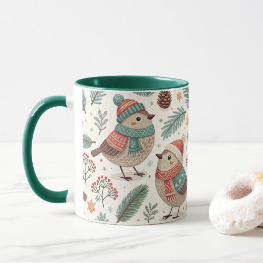 Mug Pattern Scandinavian Christmas Birds (Avec donut)