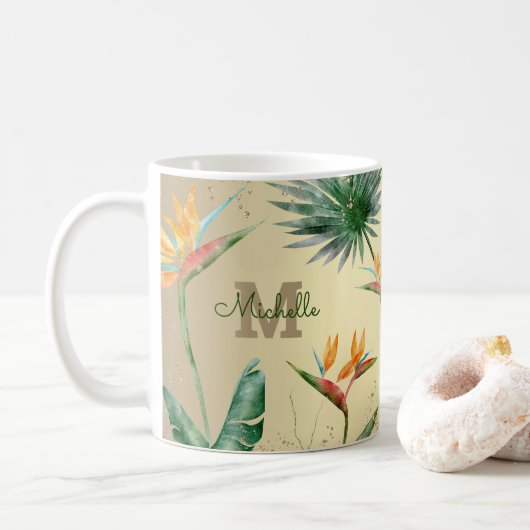 Mug Paume Tropical Or Foliage Floral Monogramme Script (Avec donut)