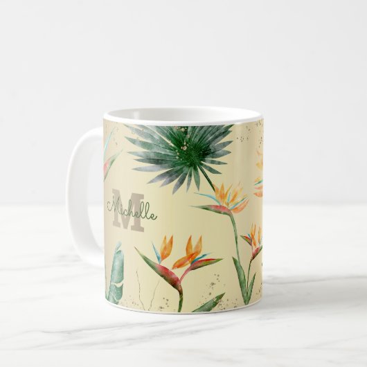 Mug Paume Tropical Or Foliage Floral Monogramme Script (Devant gauche)