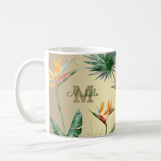 Mug Paume Tropical Or Foliage Floral Monogramme Script (Gauche)