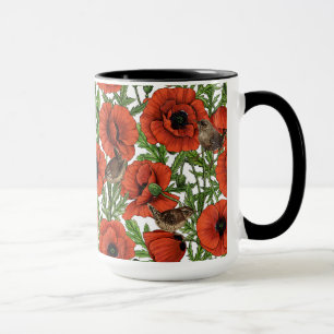 Mug Pavot rouge et brindilles, feuilles verts sur blan