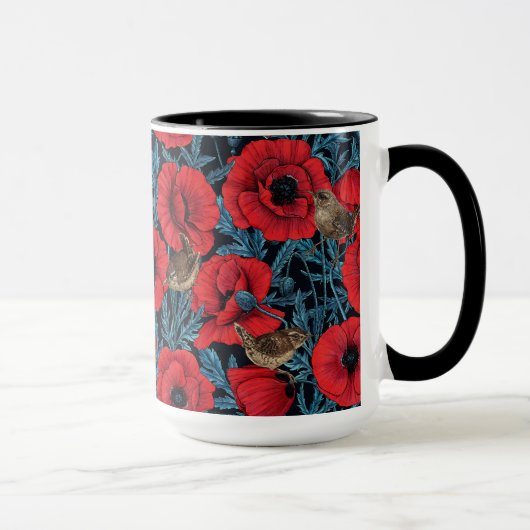 Mug Pavot rouge et brunes, feuilles bleus sur noir (Droite)