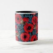 Mug Pavot rouge et brunes, feuilles bleus sur noir (Centre)