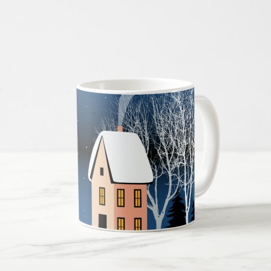 Mug Paysage nocturne d'hiver, maison confortable, lune (Devant droit)