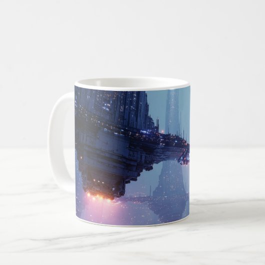 Mug Paysage urbain futuriste avec des structures flott (Devant gauche)