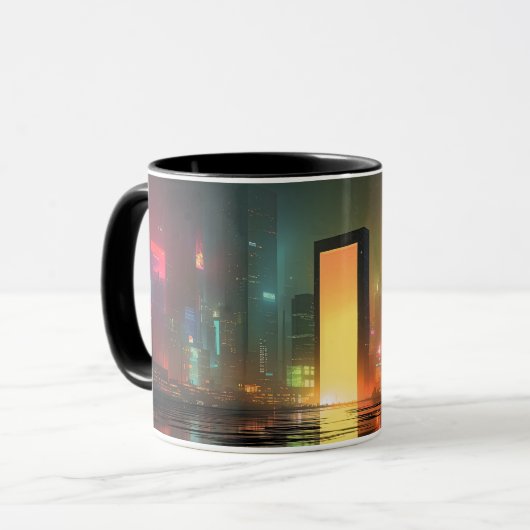 Mug Paysage urbain futuriste avec reflets néon (Devant gauche)
