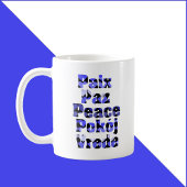 Mug Peace in Many Languages Hearts Blue