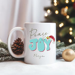 Mug Peace Joy Christmas Pink Red Festive Ajouter un no<br><div class="desc">Ce design mignon et girly Peace & Joy a été créé en utilisant une police de script moderne amusante et ma police de bloc lettrée à la main dans un style rétro des années 80 en bleu et rouge aqua. Il présente mon chapeau de Père Noël peint à la main...</div>