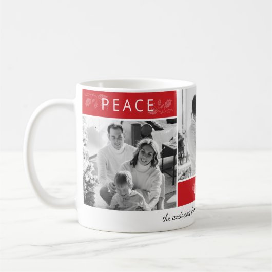 Mug Peace Joy Love 3 Photo Collage Script Red Holiday (Gauche)