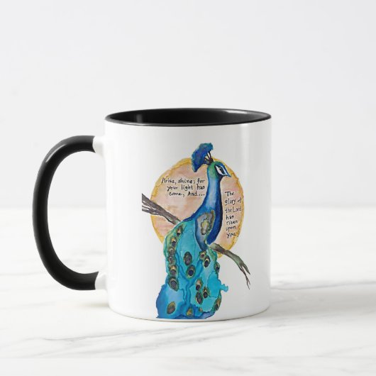Mug Peacock Shine art, no background, with Isaiah 60:1 (Gauche)