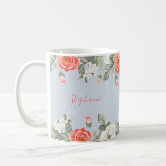 Mug Pêche Rose Dusty Blue Floral Personnalisé (Gauche)