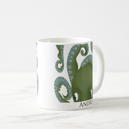 Mug Peek-A-Boo Green Octopus Nom personnalisé Enfants (Devant droit)