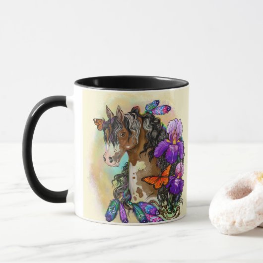 Mug Peindre Cheval Mustang avec Iris et papillons (Avec donut)