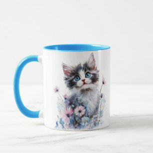 Mug peint avec un adorable chaton dans des fleurs