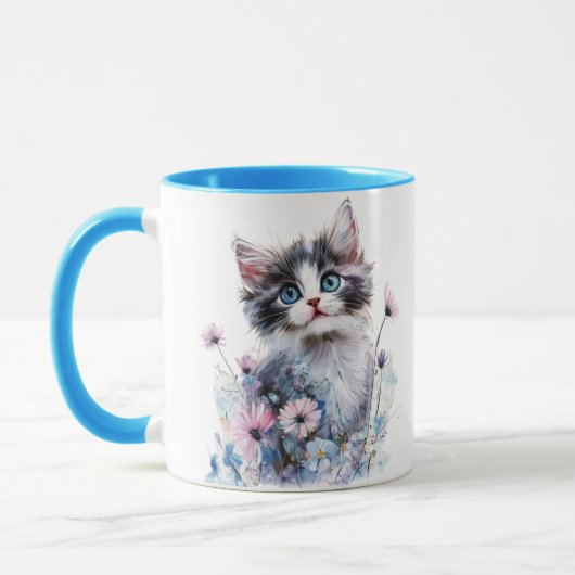 Mug peint avec un adorable chaton dans des fleurs (Gauche)
