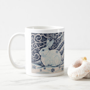 Mug Peinture de lapin bleu et blanc hiver Neige boisé