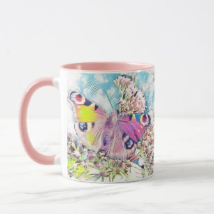 Mug Peinture d'un papillon rose sur fleurs colorées Tw