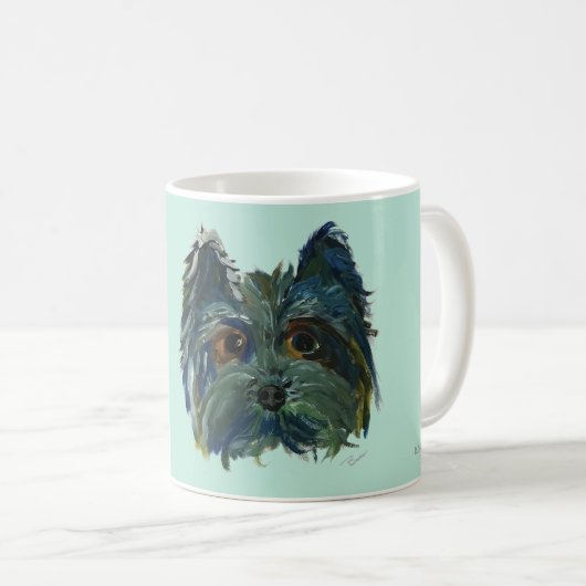 Mug Peinture mignonne de chiot de Yorkie dans le bleu (Devant droit)